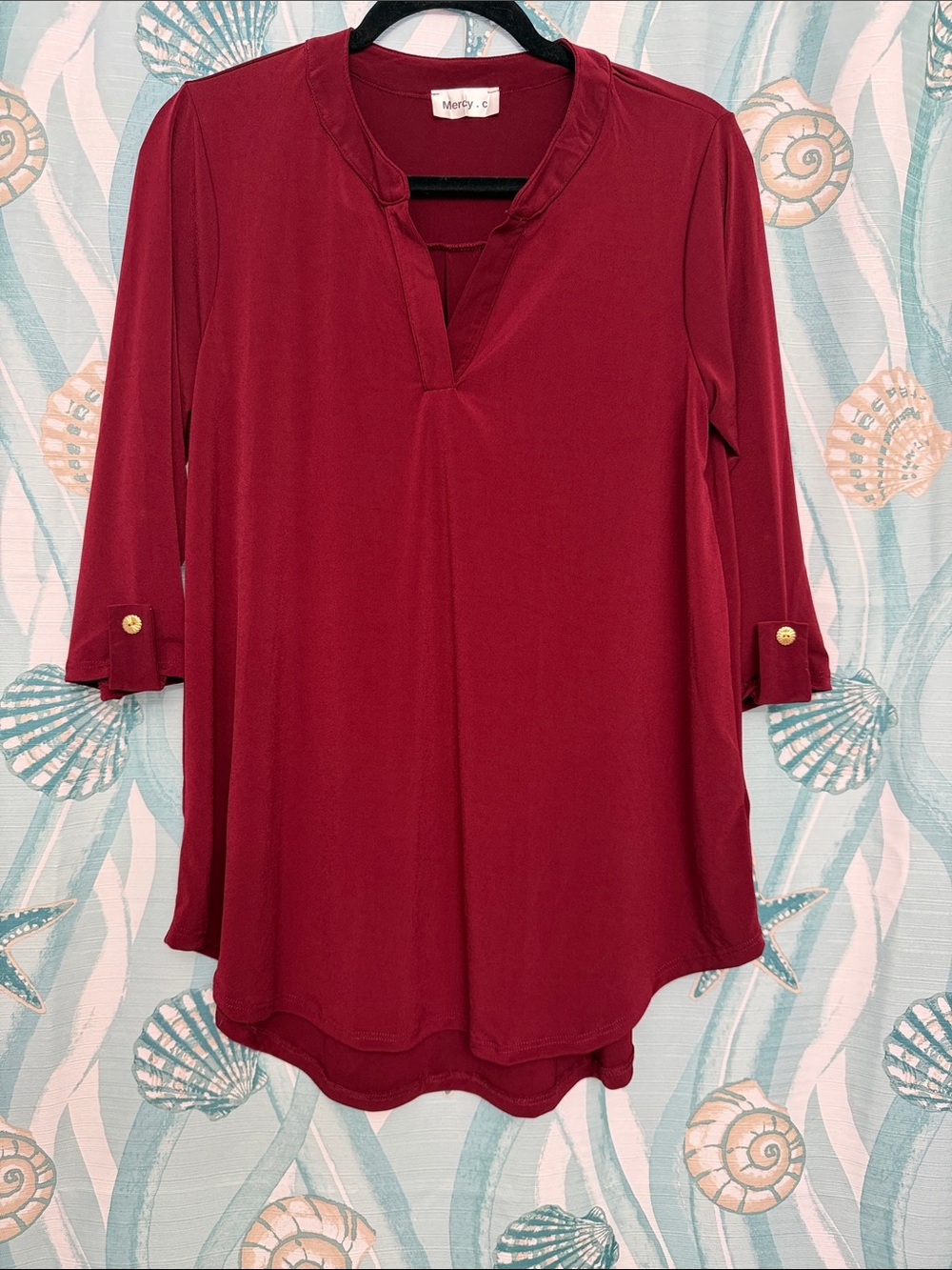 Mercy.C Burgundy Oversized Stretch 3/4 Sleeve V Neck Blouse Gold Detail S